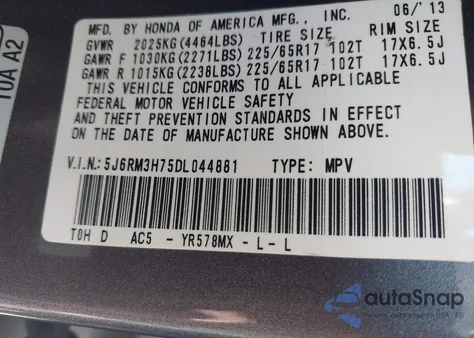 2013 Honda Cr-V Ex-L z USA, uszkodzony, nr VIN 5J6RM3H75DL044881